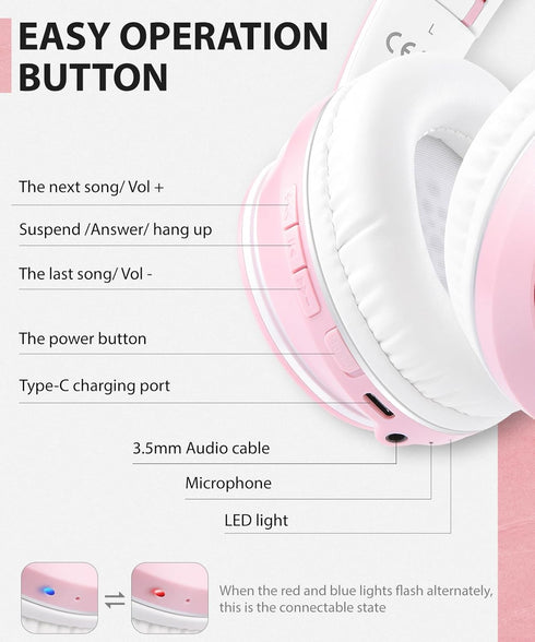 rockpapa E7 Over Ear Wireless Bluetooth Headphones with Mic, Foldable Wired/Wireless Headphones for Kids, Pink White