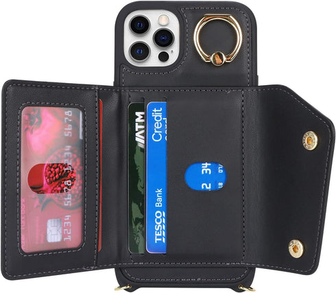 iPhone 12/12 Pro Case with Card Holder and Strap, Zipper Pocket, Crossbody Lanyard, Cute Wallet Case for Women (Black,