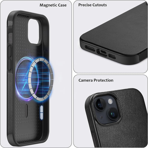 Premium Leather Magnetic Case for iPhone 14 Plus - Shockproof TPU Hybrid, Compatible with MagSafe (Black)