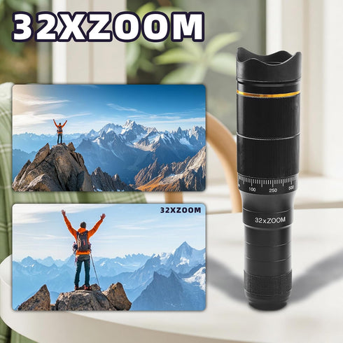 Flylin 32X 0.63X 198 Phone Camera Lens Kit, Long Focus Telephoto High Power HD Lens Wide Angle Macro Fisheye for Most
