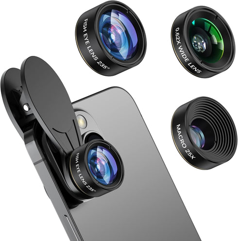 COSULAN Phone Camera Lens 3 in 1 Kit - 235° Fisheye Lens + 25X Macro Lens + 0.62X Wide Angle Lens for Smartphones