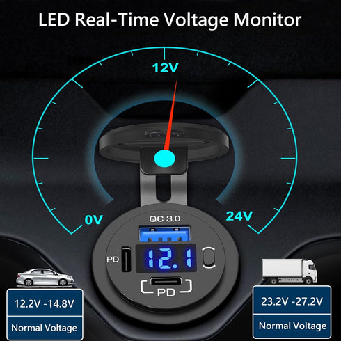 12V USB Outlet Qidoe USB C Car Charger Socket Dual PD 30W and 18W QC3.0 Port with Voltmeter Button Switch, Lengthened