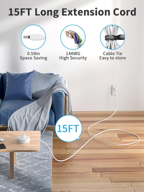 NTONPOWER Long Extension Cord 15FT, 3 Outlets 2 USB Ports, 2 Prong Power Strip with Wall Mount Adapter