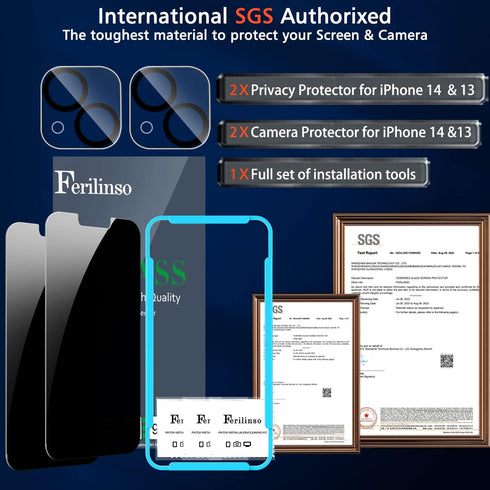 Ferilinso Privacy Screen Protector for iPhone 13/14 - 2 Pack, 9H Anti-Spy Tempered Glass & Camera Lens Protectors.