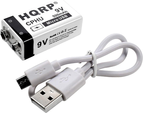 HQRP USB 9V Lithium-Ion Rechargeable Battery, 500mAh High Capacity, 800 Cycle with Micro USB Cable