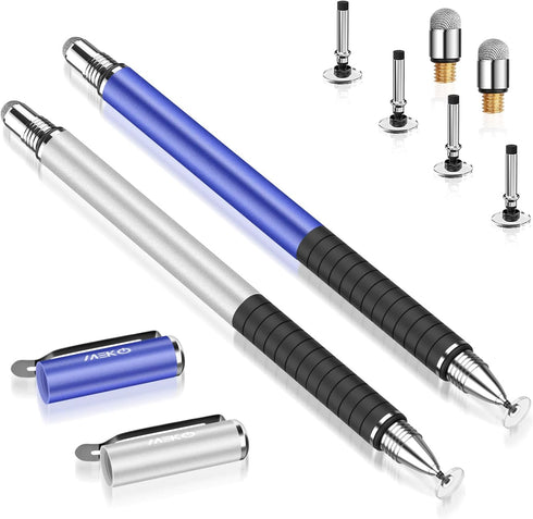 MEKO Stylus Pens for Touch Screens - 2 in 1 Universal Disc Stylus with 6 Replacement Tips - Blue/Silver