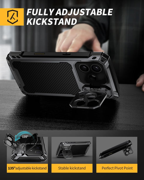 Lanhiem 17 for iPhone Metal Case with Kickstand, Compatible with MagSafe, Built in Tempered Glass Screen Protector