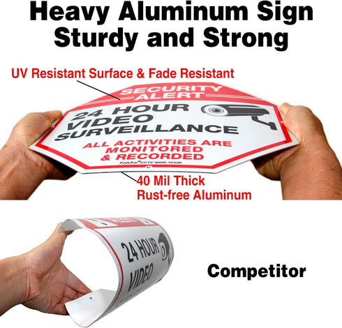 (4 Pack) "Security Alert, 24 Hour Video Surveillance" Signs, 10x10 Inches Aluminum Reflective Warning Sign