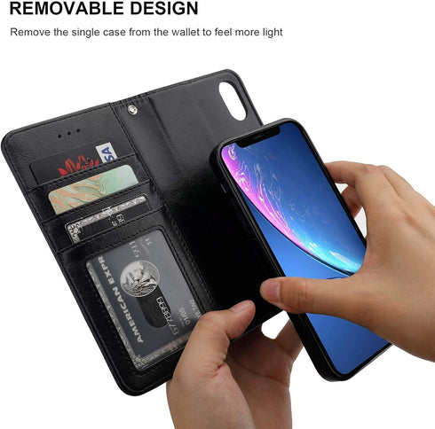 Bocasal iPhone Xr Wallet Case, PU Leather Magnetic Detachable Kickstand, Shockproof, Black