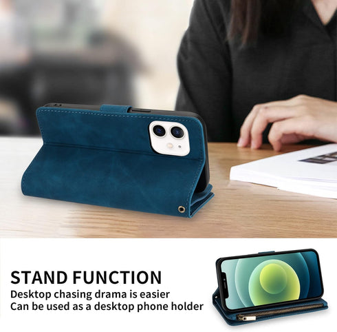 ZZXX for iPhone 12 Mini Wallet Case, Premium Soft PU Leather Zipper Flip Folio with Card Slot, Wrist Strap, Kickstand