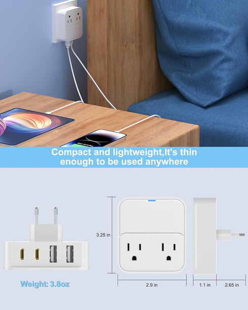 VHBW European Travel Plug Adapter, 20W USB C Power Adapter Fast Charger with 2 AC Outlets