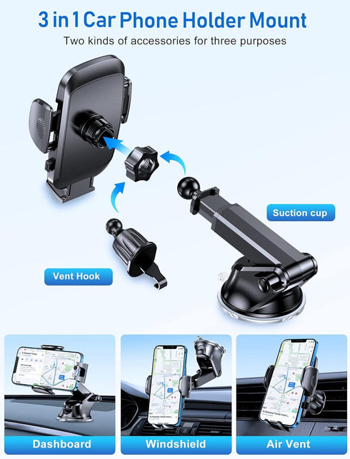 Ultra-Stable Cell Phone Holder for Car, Universal Hands-Free Mount for Dashboard Windshield Air Vent, Compatible with