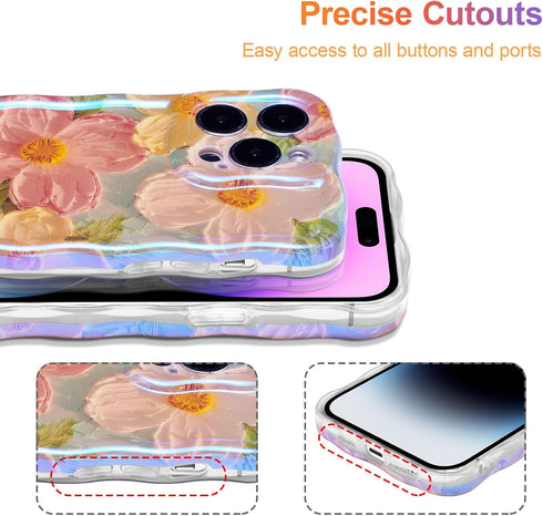 EYZUTAK iPhone 14 Pro Max Case - Colorful Retro Flower Print, Glossy TPU, Stylish Curly Wave Edge, Durable Protection -