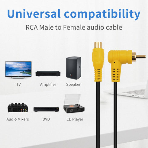Duttek 90 Degree Short RCA Extension Cable 6in/15cm, 24K Gold-Plated RCA Subwoofer Cable, Male to Female Audio Cable (2