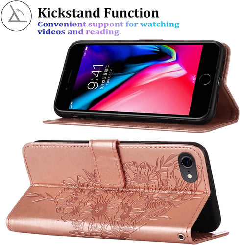 iPhone SE 2022/SE 2020 Case, Wallet Case for iPhone 6/6S/7/8, Butterfly Floral Embossed Leather Protective Flip Cover