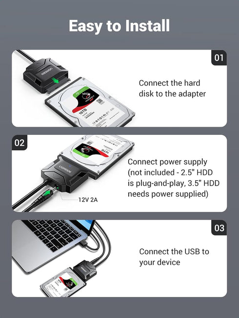 UGREEN SATA to USB 3.0 Adapter Cable for 3.5 2.5 Inch SSD/HDD Hard Drive Reader, SATA III Converter with 12V Power