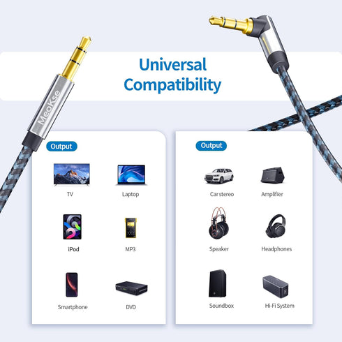 3.5mm Audio Cable Male to Male 20FT/6M, Stereo Aux Cord, 90 Degree Right Angle, Compatible with Beats, iPhone