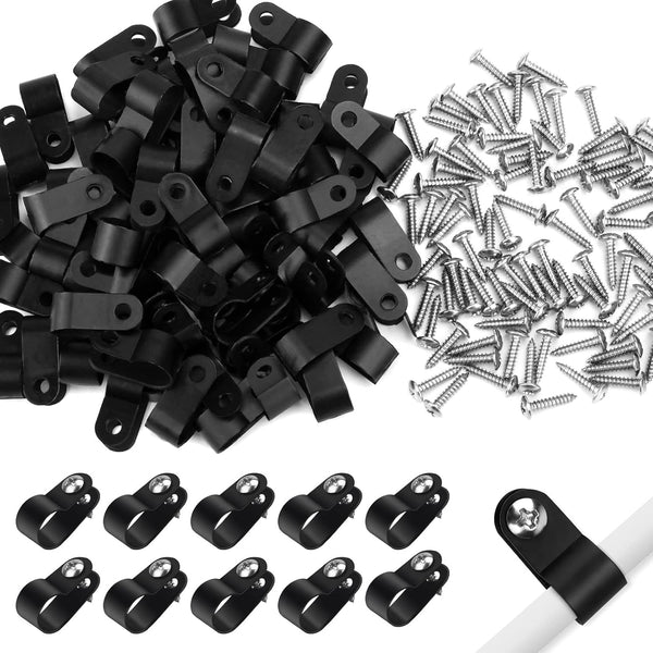 VIPMOON 100pcs Plastic Nylon R-Type Cable Clips, 3/8 inch Screw Mounting Cord Fastener with Screws