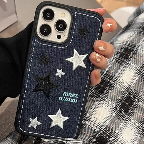 Casechics iPhone 14 Case, Cool Denim Fabric Embroidery Star, Soft Shockproof Cover - Blue