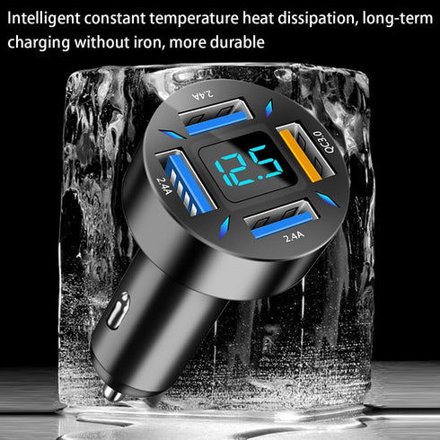 4 Ports USB Car Charger, 66W Super Fast Charging with QC 3.0, PD 20W, USB 2.4A Adapter, LED Voltmeter, Auto Cigarette