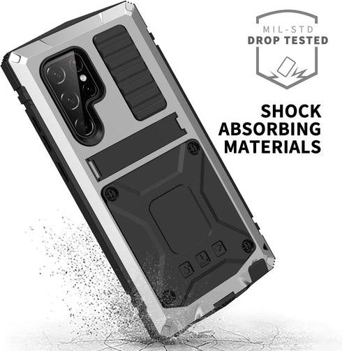 Samsung S23 Ultra Compatible Metal Case with Screen Protector, Rugged Heavy Duty Full Body Tough Case (Silver)