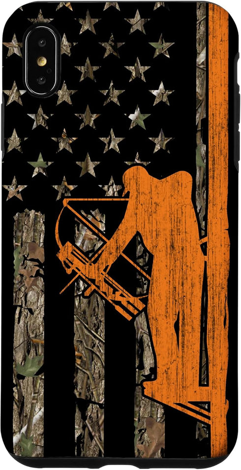 iPhone XS Max Camouflage Case, Bow Hunting Tree Stand Deer Hunter American Flag