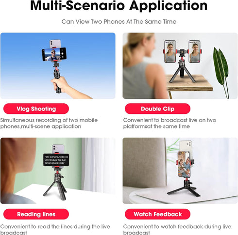 Manbily 360 4 Phone Tripod Mount Adapter, Rotatable Dual Cell Phone Holder Clip, Adjustable Clamp with Cold Shoe