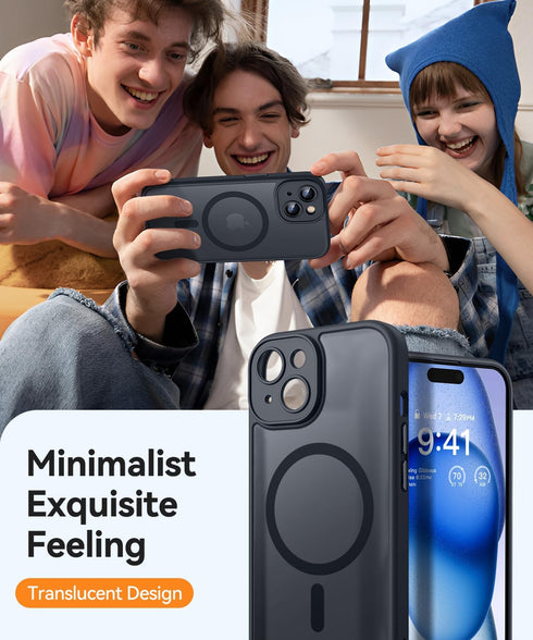 CANSHN Magnetic iPhone 15 Case, Shockproof Protective Cover with Full Camera Protection, Translucent Matte, Black