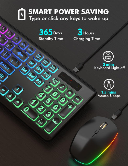 Wireless Keyboard and Mouse Combo, Large Print, RGB Backlit, Oversize Light Up Letters, Rechargeable, Ergonomic Tilt