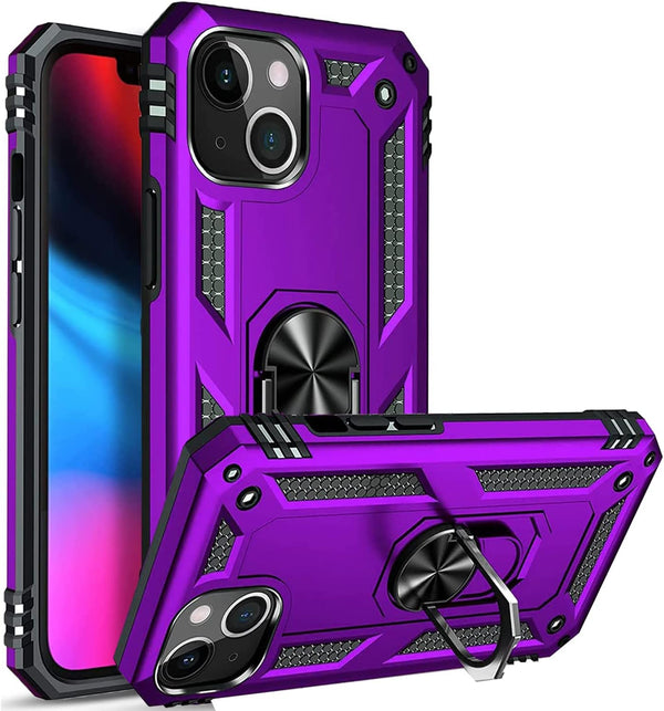 Military Grade Shockproof Case for iPhone 14, 360 Metal Rotating Ring Kickstand Holder Armor, Purple