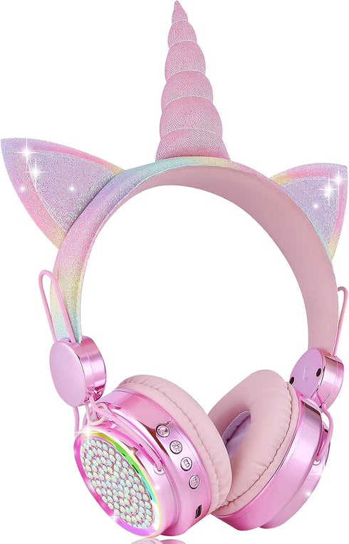 Kids Headphones Bluetooth Wireless, Unicorn LED Lights Girls Headsets with Microphone, 10 Hours 5.0 Bluetooth for Kids
