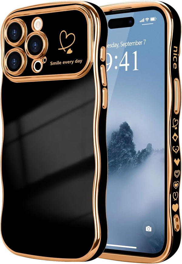 LCHULLE iPhone 15 Pro Max Case for Women, Cute Wave Frame with Love Heart Pattern, Shockproof Cover