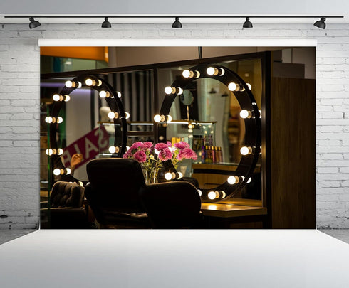 CHNYWORK 6ftx4ft Bulb Makeup Room Backdrop Beauty Salon Interior Mirror with Light Frame Dark Background Professional