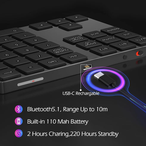 Foloda Bluetooth Number Pad, Wireless BT Numeric Keypad, Multi-Devices Rechargeable USB C Numpad for Laptop, PC, iMac,