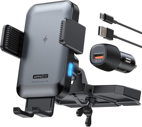 APPS2Car Wireless Car Charger Mount - CD Slot Auto Clamping 15W Fast Charging Phone Holder for iPhone 16, 15, 14, 13, 12