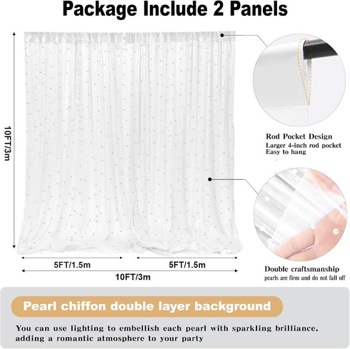GUANSEN 10 8FT * White Pearl Tulle Double Layered Backdrop Curtain with Lights String and Lining Fabric for Wedding