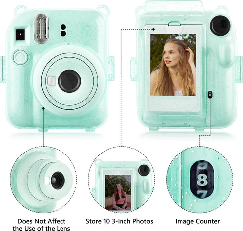 Rieibi Clear Case for Fuji Instax Mini 12, Glitter Case Bag with Back Pocket, Strap, and Photo Album