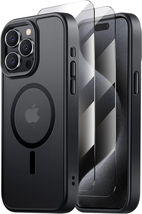 Tigowos Matte Skin-Feeling Case for iPhone 15 Pro, Compatible with MagSafe, 15FT Drop Resistant, 2 Tempered-Glass