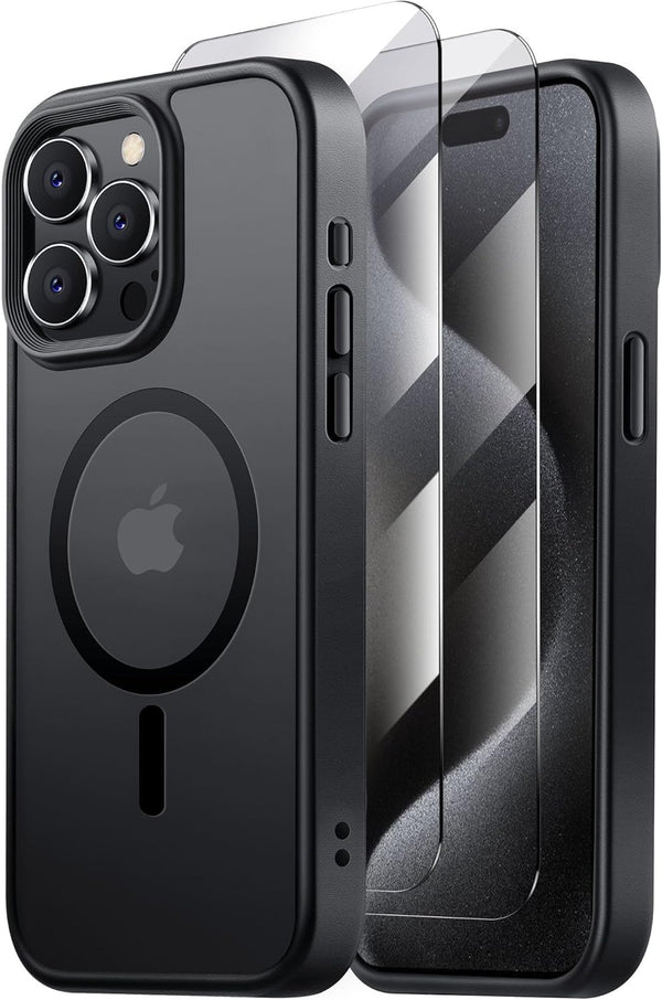 Tigowos Matte Skin-Feeling Case for iPhone 15 Pro, Compatible with MagSafe, 15FT Drop Resistant, 2 Tempered-Glass