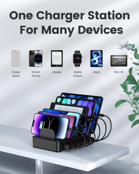 CREATIVE DESIGN Charging Station 50W, 6 Ports Multi Charger Station with 6 Charging Cables, USB Charging Dock for