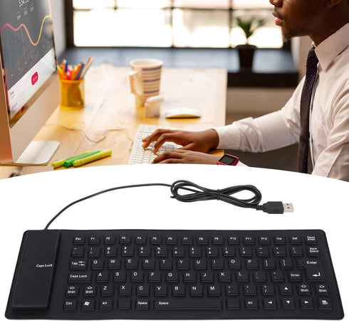 Roll-up Silicone Keyboard, Fully Sealed Silent Soft USB Wired Keyboard, 85 Keys Foldable Waterproof Flexible (Black)