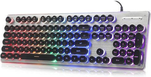 Typewriter Style Gaming Keyboard with Metal Panel, Rainbow LED Backlit, Round Keys, Light Up USB Wired Retro 104 Keys