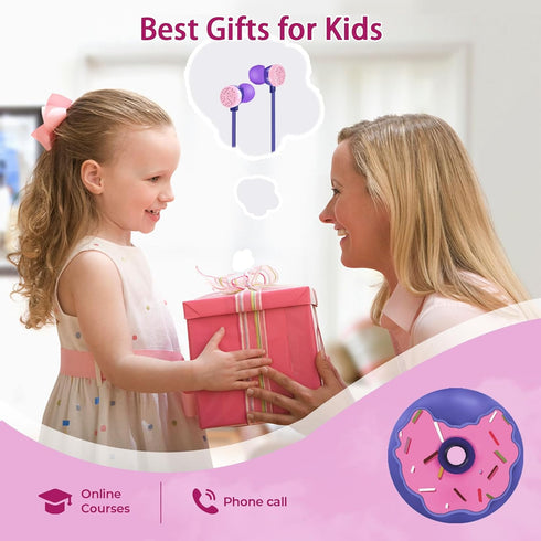 Donut Kids Earbuds, Wired Earphones & in-Ear Headphones with Microphone, Lovely Storage Case, Gifts for School, Purple