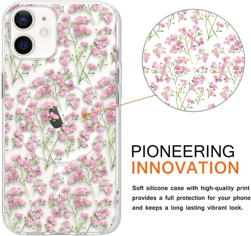 Zrutru 12/12 6.1",Aesthetic 12 Cute Flower Magnetic Phone Case for iPhone Pro Pink Floral Cases Girly Design Cover