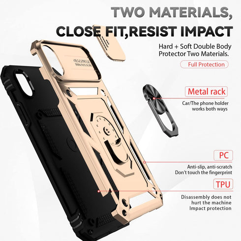 Hitaoyou iPhone XR Case with Camera Cover, Military Grade Shockproof Heavy Duty Protective Case with Stand, Gold