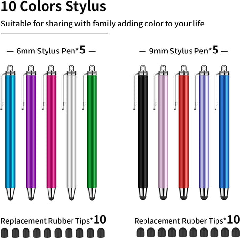 10 Pack High Sensitivity Stylus Pens with 20 Pcs Replacement Capacitive Tips for iPhone iPad Android PC Tablets