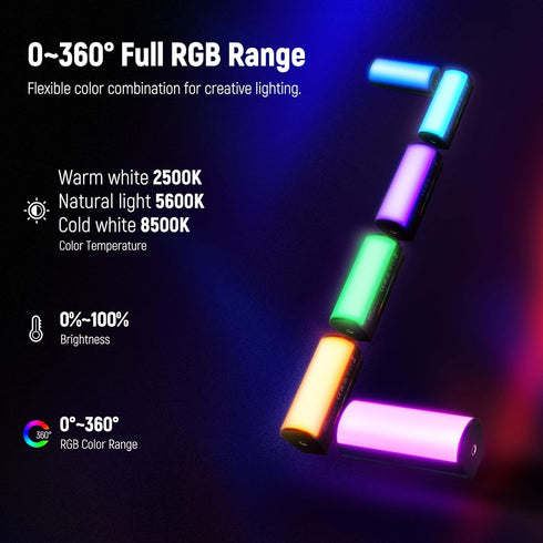 NEEWER TL96RGB 360° Full RGB Mini LED Video Light Stick, 2500mAh Battery, 2500-8500K Dimmable Camera Tube Light for