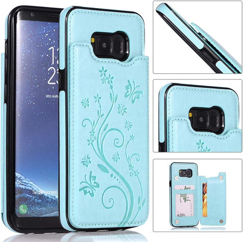 Phone Case for Samsung Galaxy S8 with Tempered Glass Screen Protector, Card Holder Wallet Cover, Stand Flip Leather