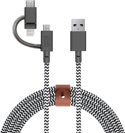 Native Union Belt Cable, 6.5ft Ultra-Strong Reinforced Charging Cable with 3-in-1 Adaptor for Lightning, USB-C,