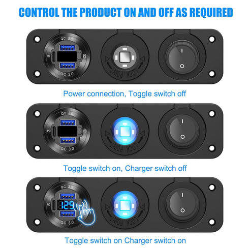 12V USB Outlet Boat Accessories, PD3.0 Dual QC3.0 USB Ports Aluminum Car Charger with Voltmeter and 150W Cigarette